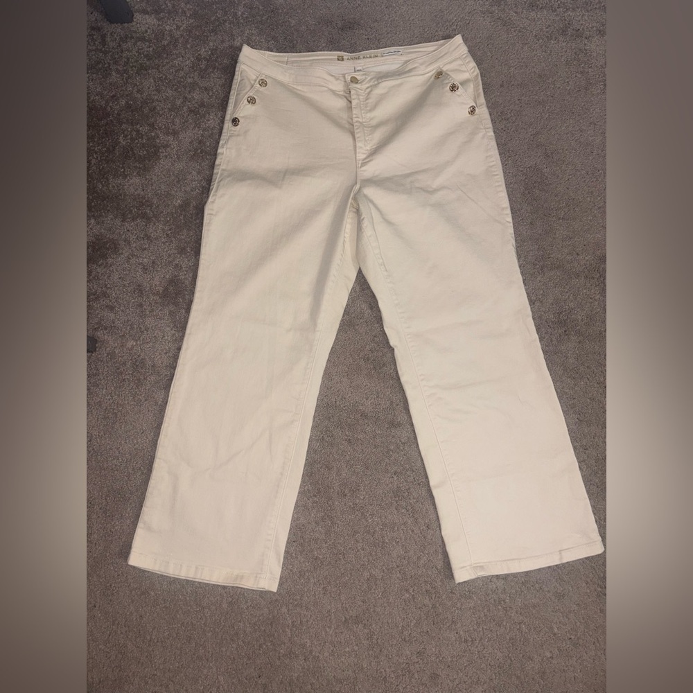 Anne Klein Pants Women White Cream Gold Button AK High Rise Trouser Size 16 - Picture 2 of 16
